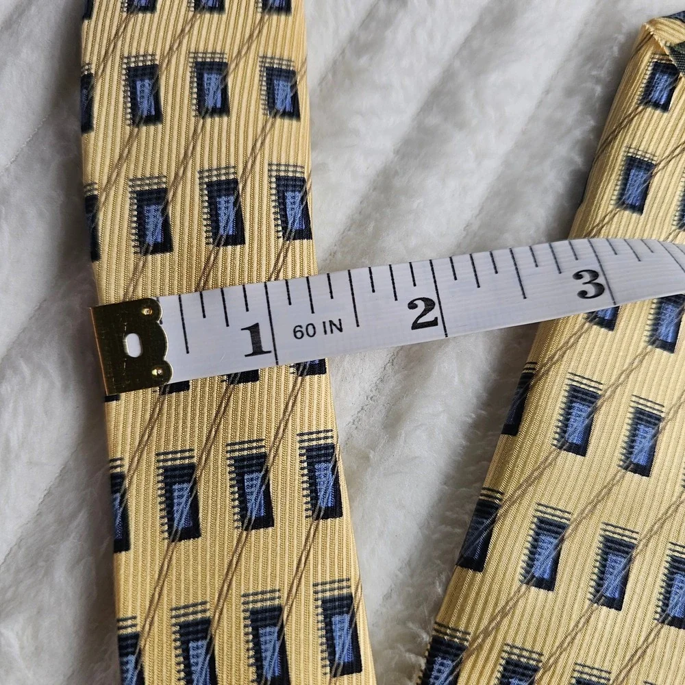 Valerio Garati Mens 100% Silk Geometric Tie Gold Blue Black 59in Handmade